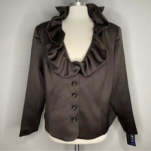 OLEG CASSINI BLACK TIE Women's Vintage Ruffle Collar Blazer Evening Jacket